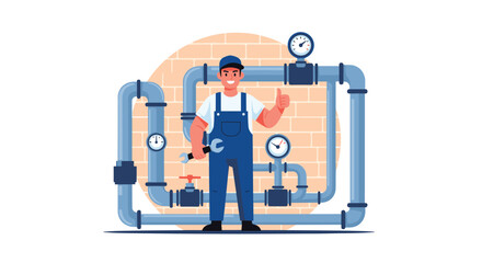 Professional plumber happy service with tools and pipes system