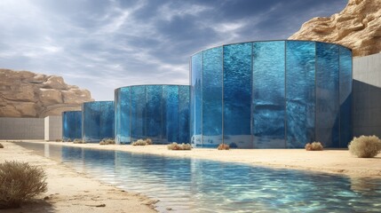 Blue water tanks transparent in desert with flowing canal sand rocky cliffs