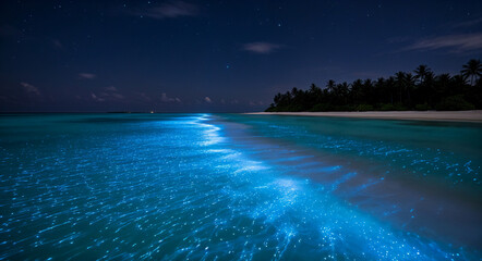 Bioluminescent waves glowing on tropical beach at night