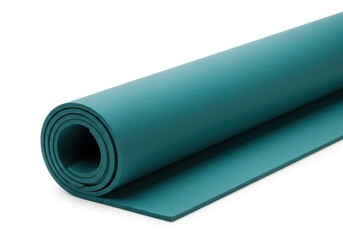 Rolled teal exercise mat lies flat on a plain white background.