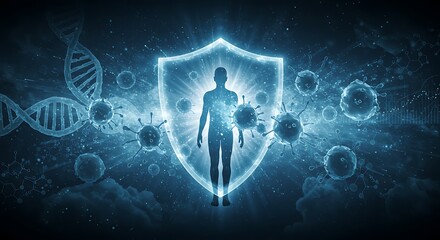 Human silhouette within a glowing shield, surrounded by virus particles and dna strands, representing immunity cancer