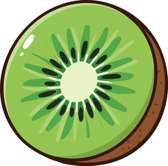 Cartoon slice of a kiwi fruit, showing the green flesh and brown seeds.
