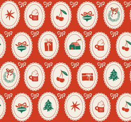 Christmas pattern. Seamless pattern with frames, Xmas tree, gift, stars, cherry elements