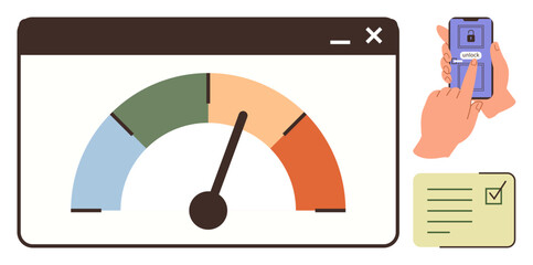 Performance meter in browser window, hand using phone for unlock action, checklist with tick. Ideal for productivity, progress, evaluation, performance tracking, cybersecurity, task management goal