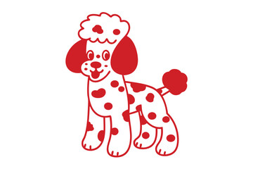 Red outlined cartoon poodle smiles standing with heart shaped spots on white background