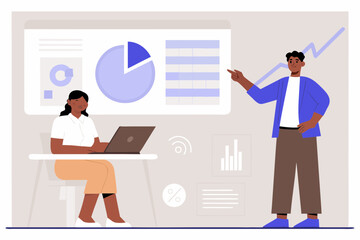 Diverse team collaborating on a business presentation with charts and graphs on a screen