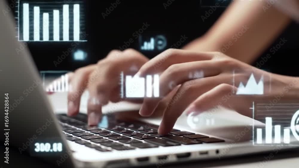 Poster person typing on laptop with holographic data visualizations on dark background