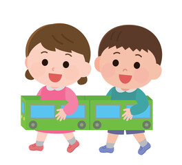 ダンボールの電車ごっこで遊ぶ男の子と女の子　イラスト