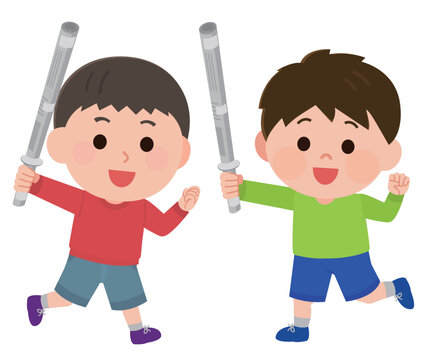 新聞紙で作った剣でチャンバラをする男の子たち　イラスト