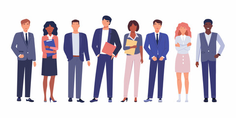 Diverse group of business professionals standing together in a line wearing smart casual attire