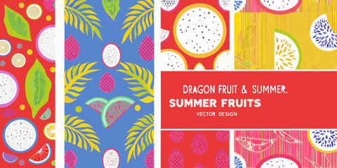 Vibrant summer fruits collection featuring dragon fruit slices and tropical leaves
