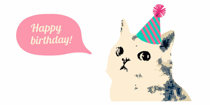 Cute cat wearing a party hat wishes happy birthday with a speech bubble