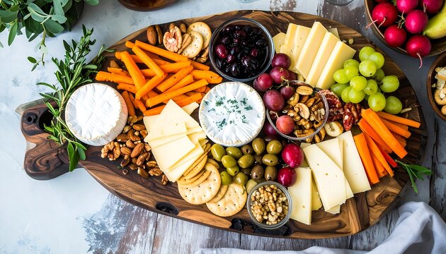Elevated cheese board featuring a variety of gourmet cheeses, fruits and nuts displayed artfully