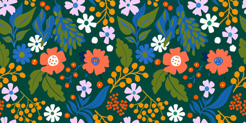 Vibrant and colorful floral pattern with leaves and berries on a dark green background