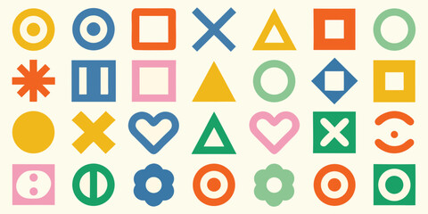 A vibrant and playful abstract geometric pattern featuring a variety of colorful shapes on a cream background