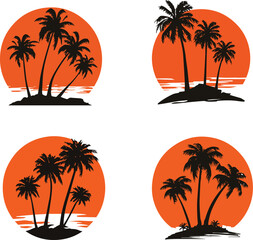 Fototapeta premium Four tropical islands with two palm trees and silhouettes of ocean waves
