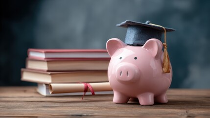 A piggy bank with a graduation cap placed beside books and a diploma, symbolizing education savings, student loans, and future planning