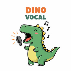 Cute Handdrawn Cartoon Dinosaur Singing Vocal with Microphone Illustration