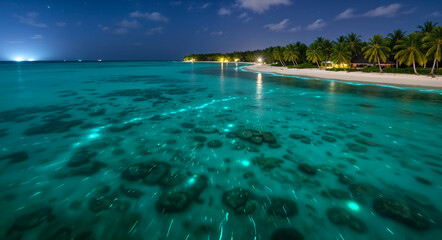 Bioluminescent plankton glowing in tropical sea at night