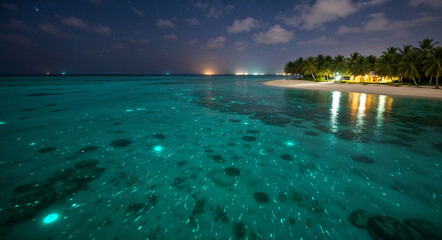 Bioluminescent plankton glowing in tropical sea at night