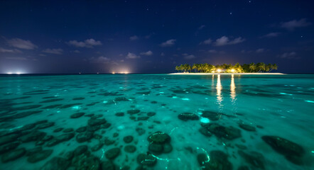 Bioluminescent plankton glowing in tropical sea at night