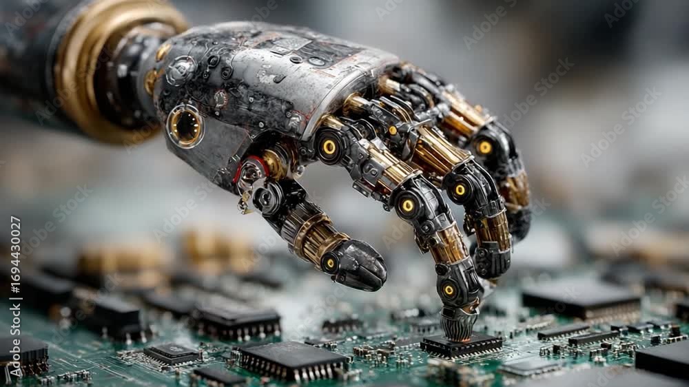 Poster robotic hand on circuit board: a close-up view of a robotic hand interacting with a circuit board. p