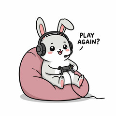 Cute Cartoon Rabbit Holding Gamepad on Beanbag Character Illustration
