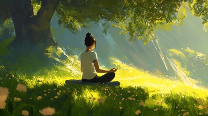 Meditation in nature peaceful zen yoga girl meditating outdoors under tree wellbeing mindfulness retreat art