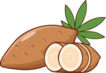 Illustration of a whole cassava root with green leaves and sliced cassava pieces, isolated on a white background.