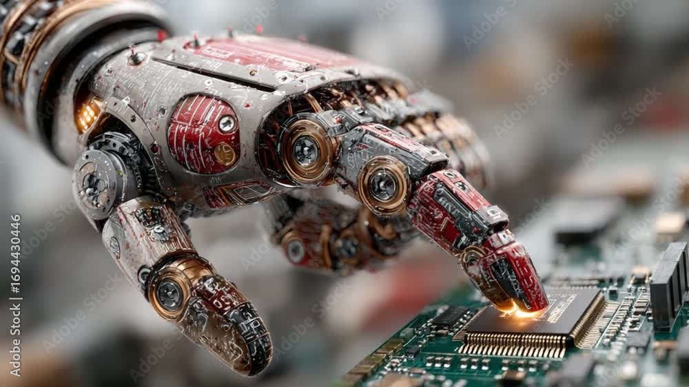Poster robotic hand and circuit board: a detailed close-up of a futuristic robotic hand carefully interacti