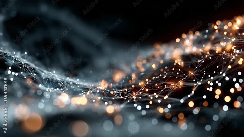 Poster digital data flow: an artistic rendition of interconnected digital data, featuring glowing nodes and