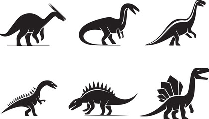 This image shows six different species of dinosaurs in various active poses, depicted in black silhouettes.