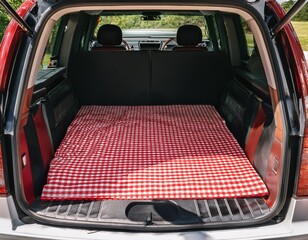 red and white checkered mat in truck bed at tailgate event