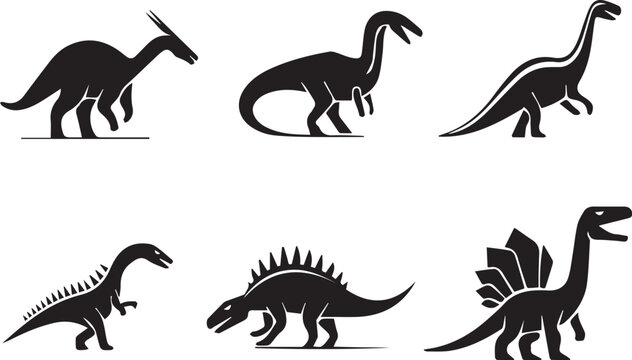 This image shows six different species of dinosaurs in various active poses, depicted in black silhouettes.