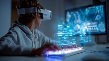 Schoolboy Using VR Headset with Holographic Data Visualization Video - Powered by Adobe