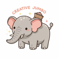Whimsical Handdrawn Cute Elephant Character Carrying Basket Illustration Artwork