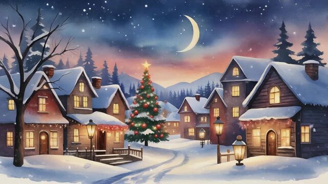 snowy village with old houses, christmas tree in the middle with lights in the windows and lanterns and illuminated houses. watercolor style	