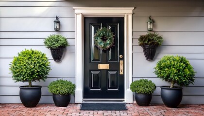 Fototapeta premium a black front door with greenery in pots perfect for exterior or interior use