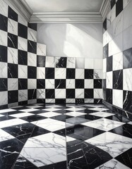Empty room with black and white checkered marble tile