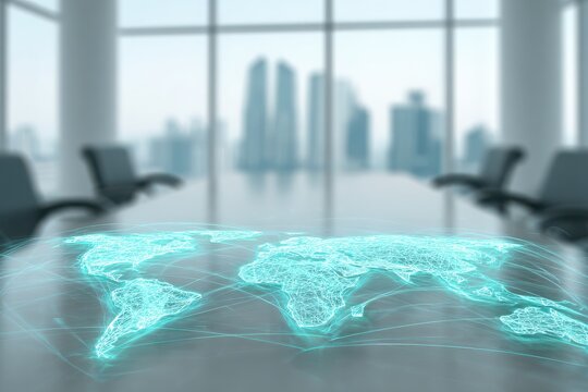 Digital map projection on a conference table with a city skyline backdrop, showcasing connectivity