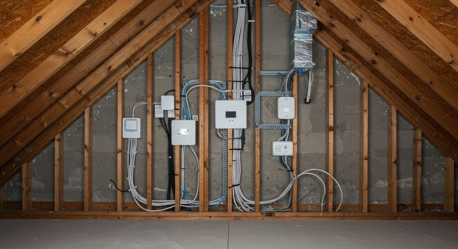 An organized modern smart home electrical and network wiring system, featuring multiple white control boxes, is meticulously installed within an unfinished attic space.