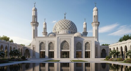 Obraz premium Serene View of Elegant Mosque with Water Reflection and Clear Blue Sky