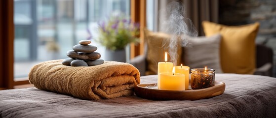 Spa Relaxation Candles Stones and Towel Arrangement.