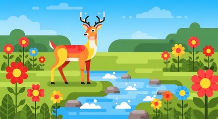 Deer in Spring Meadow Landscape. (1)