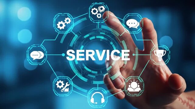 Human Finger Interacting with Service Icons on Blue Digital Interface - Powered by Adobe