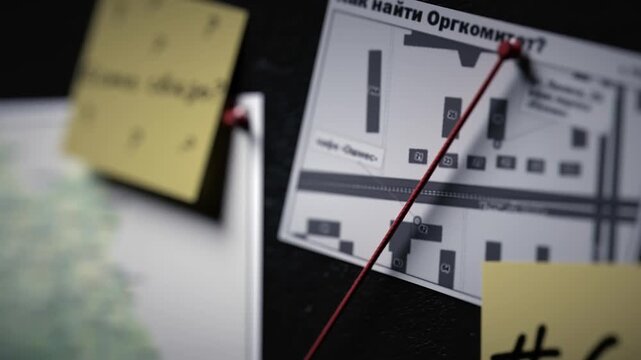 Blurred Map and Crime Investigation Board Red Pin, Pushpin, and Strings Create Mystery and Intrigue in Location Reference and Navigation Scene