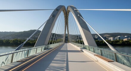 Obraz premium Modern Bridge Architecture: Suspension Cables and River View on a Sunny Day