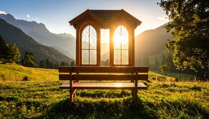 Wooden bench with mountain view at sunset