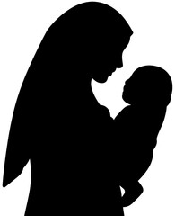 Muslimah Mother Holding Baby Silhouette in Hijab Profile View