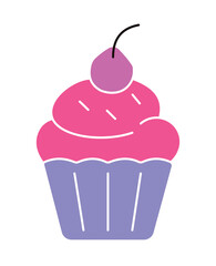 Colorful Flat Design Cupcake Icon with Frosting and Cherry